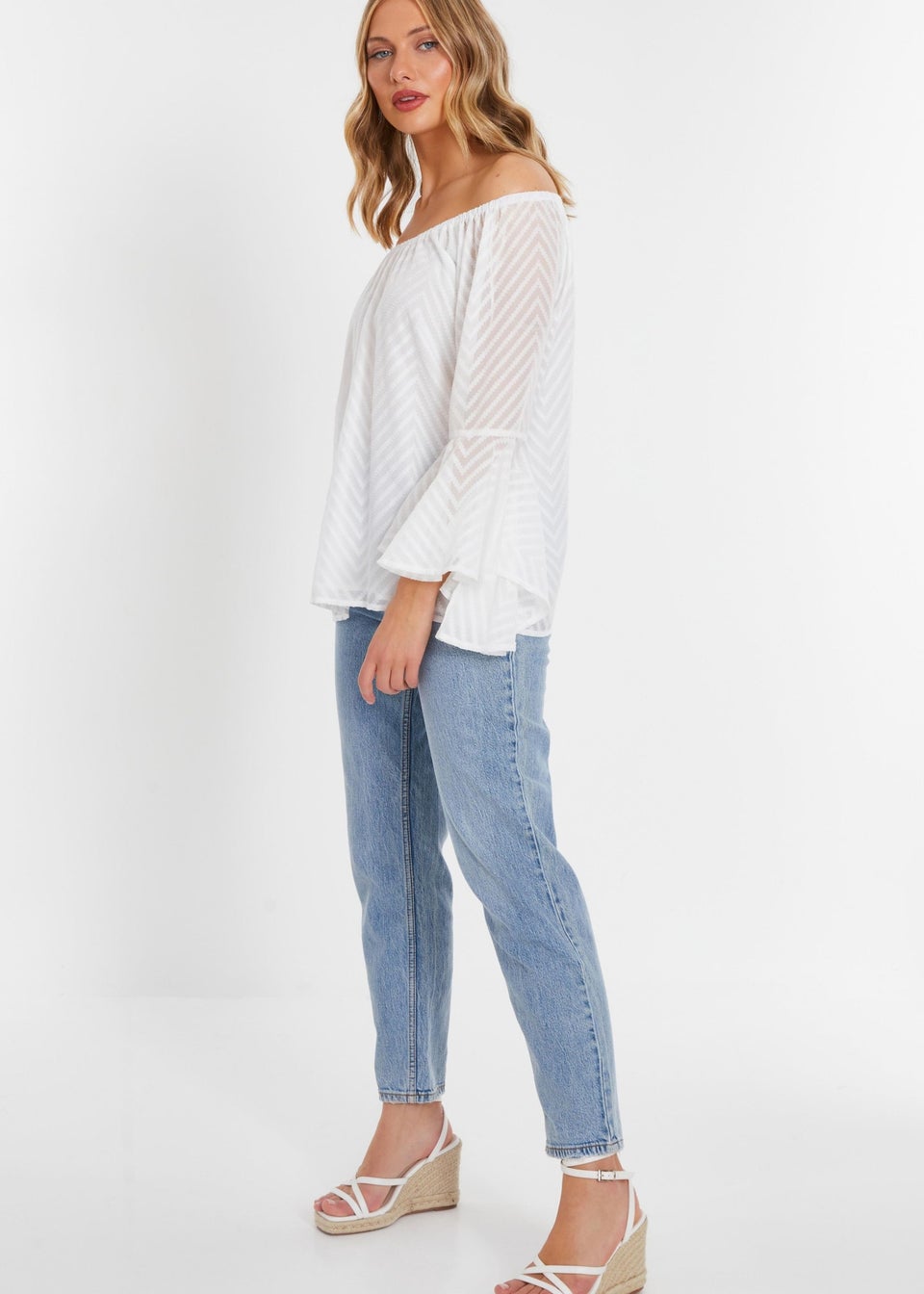 Quiz White Textured Chiffon Bardot Top