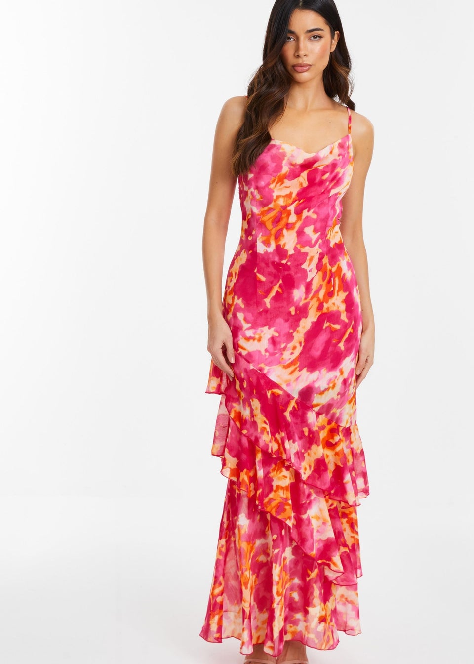 Quiz Pink Abstract Print Chiffon Frill Hem Maxi Dress Matalan