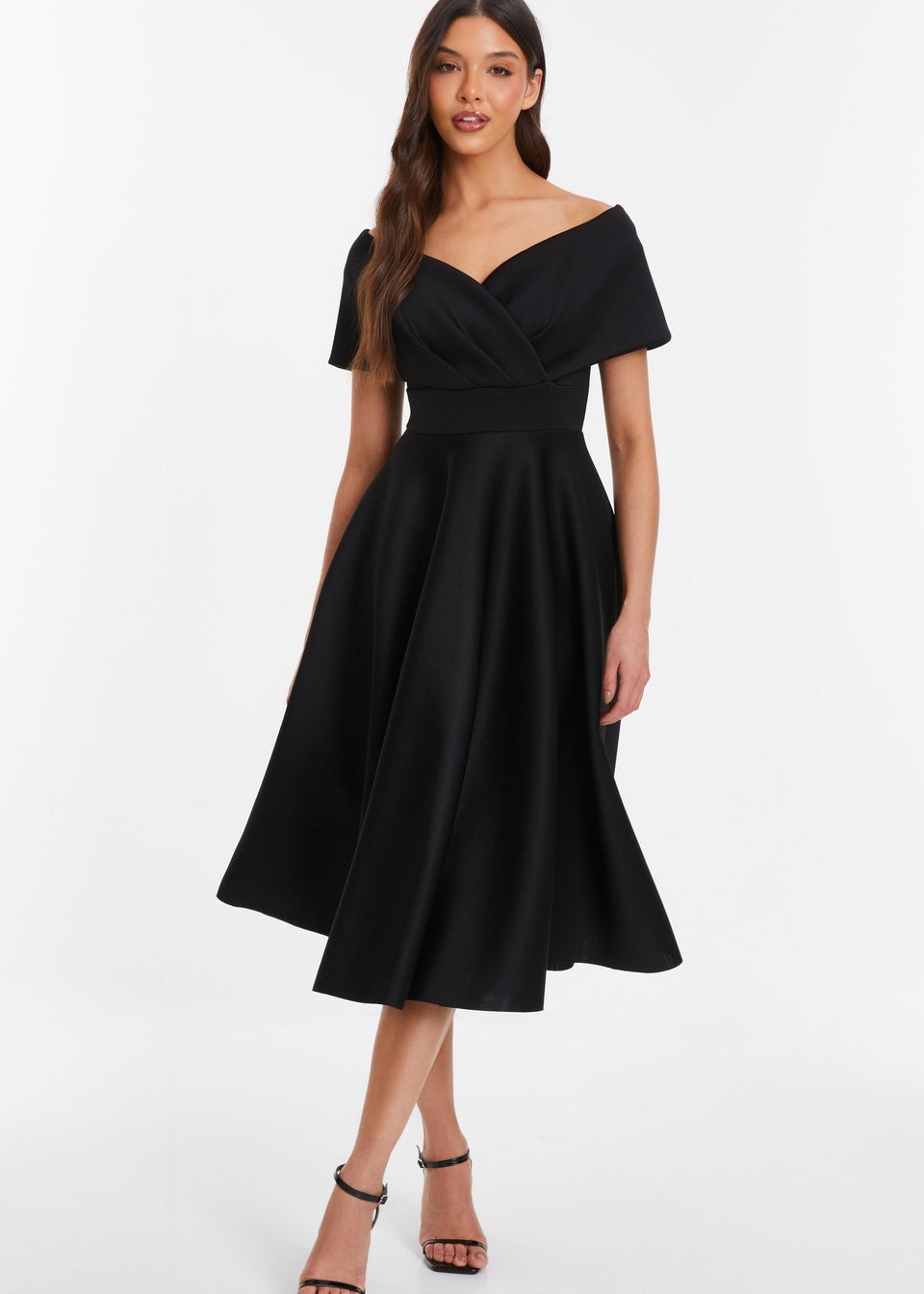 Quiz Black Bardot Skater Midi Dress Matalan
