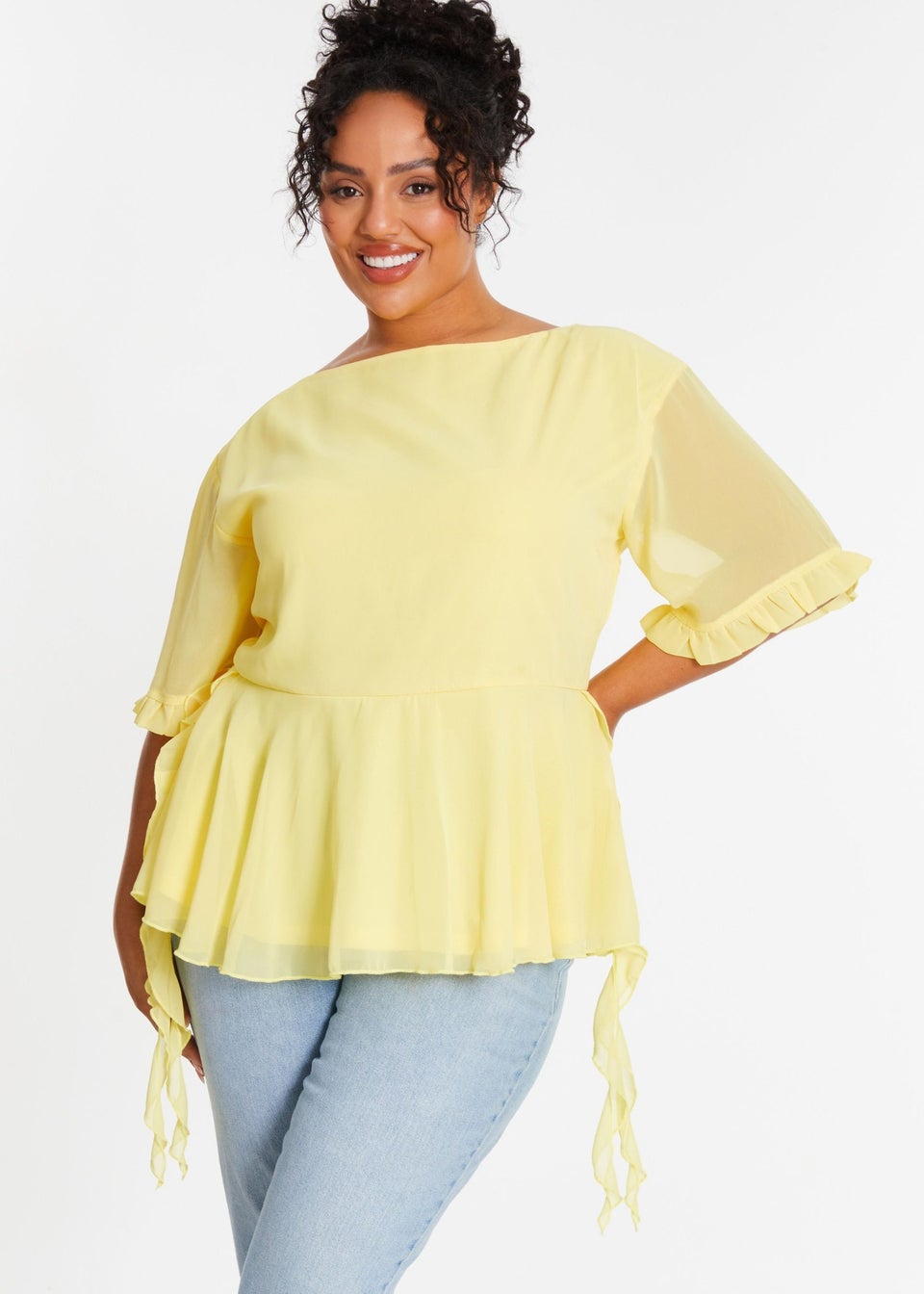 Quiz Yellow Curve Ruffle Peplum Top
