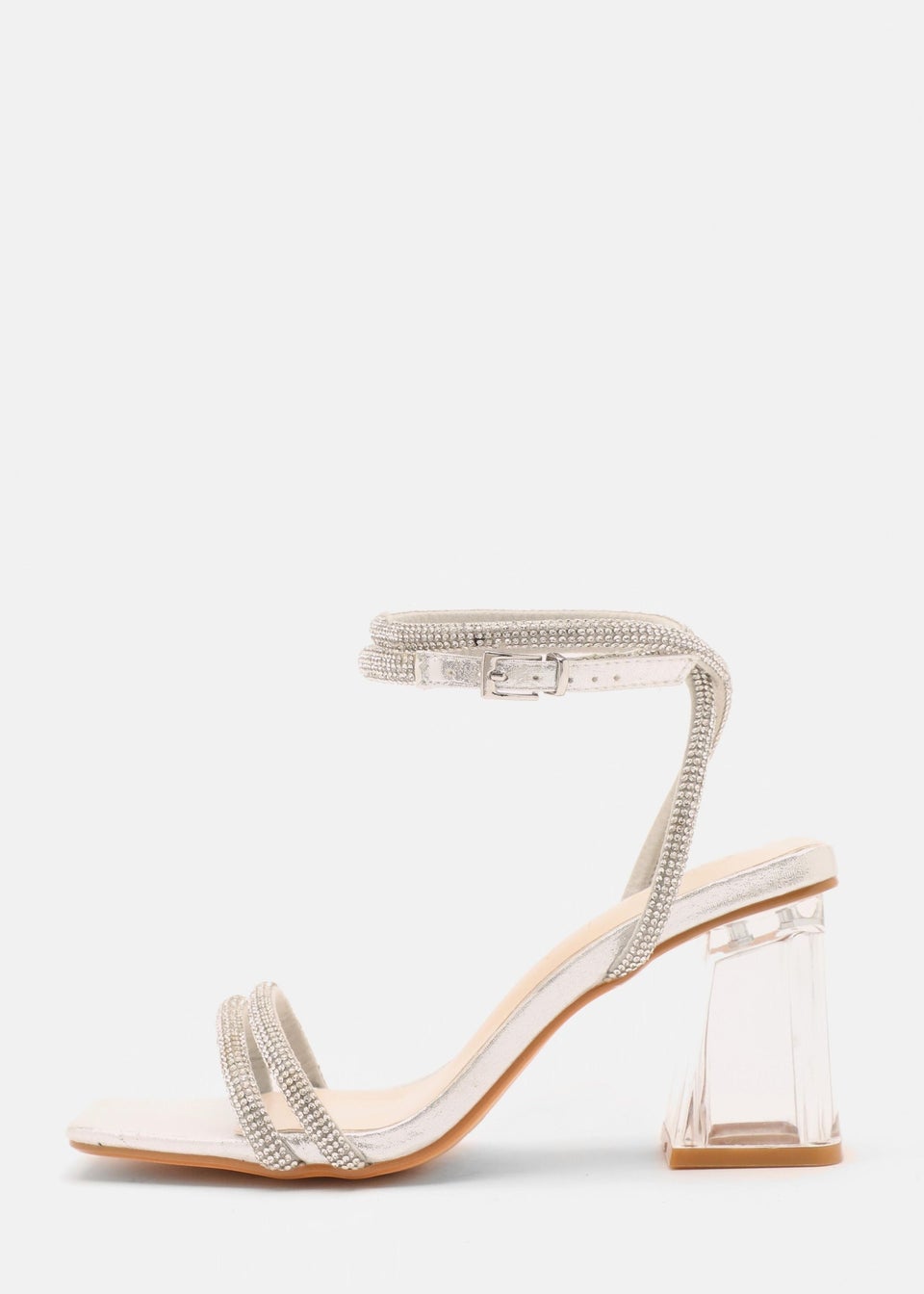 Quiz Silver Wide Fit Diamante Clear Block Heeled Sandals