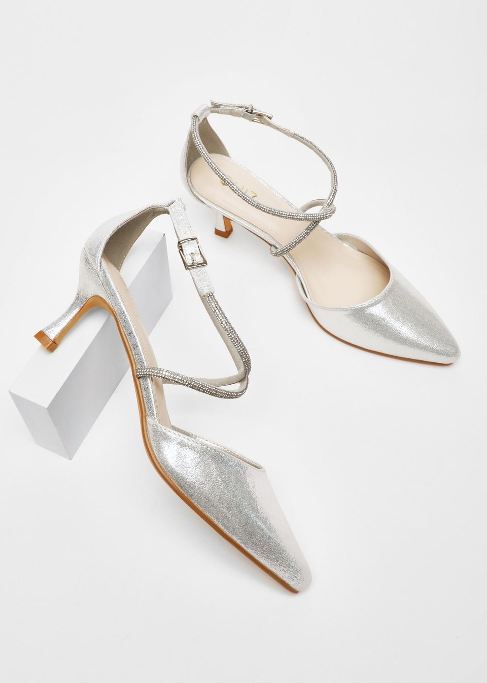 Quiz Silver Shimmer Cross Strap Court Heels Matalan