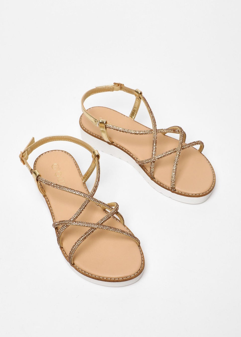 Quiz Gold Diamante Cross Strap Flatform Sandals