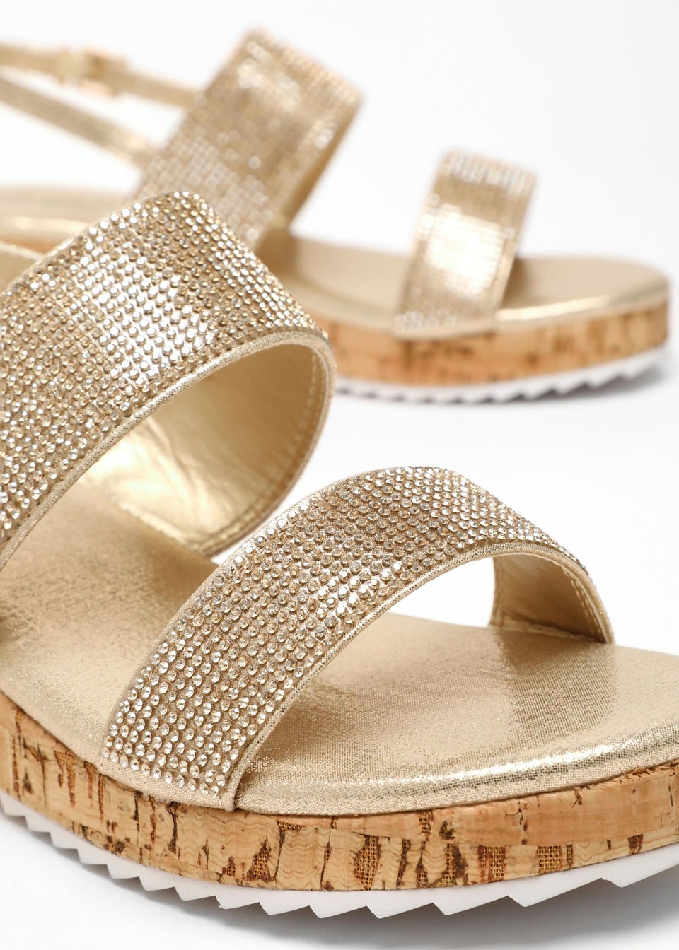 Quiz Gold Diamante Double Strap Low Wedges