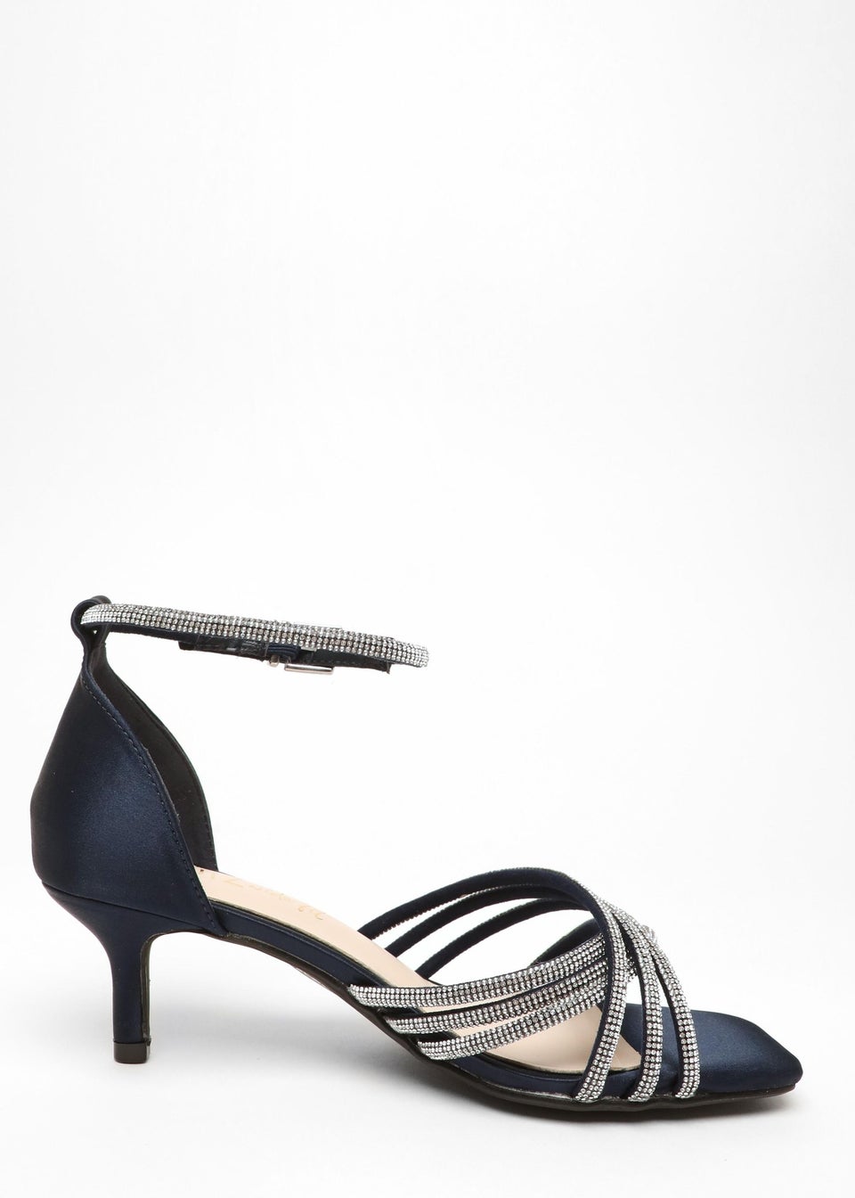 Quiz Navy Wide Fit Satin Diamante Cross Strap Low Heels