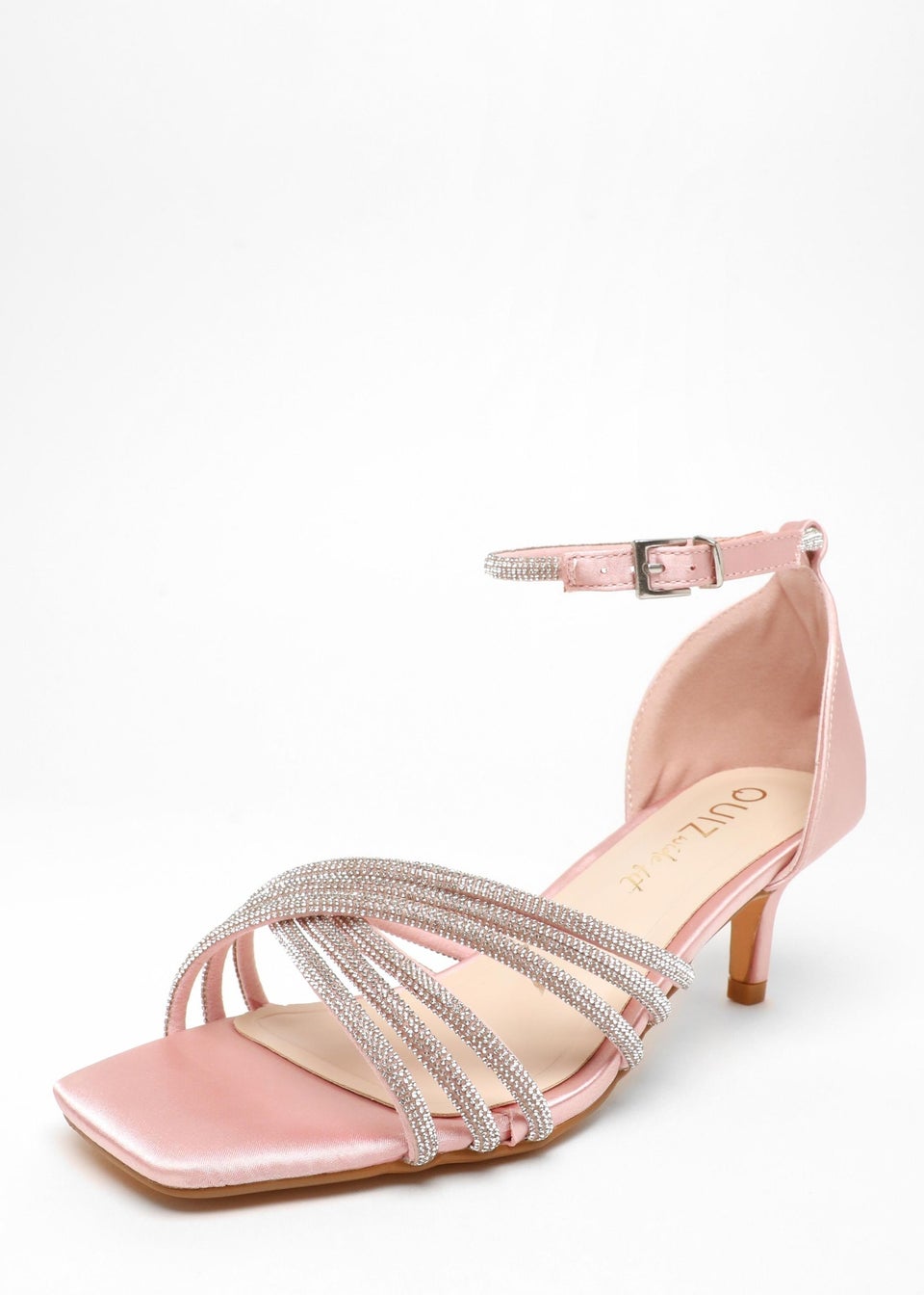 Quiz Pink Wide Fit Satin Diamante Cross Strap Low Heels Matalan