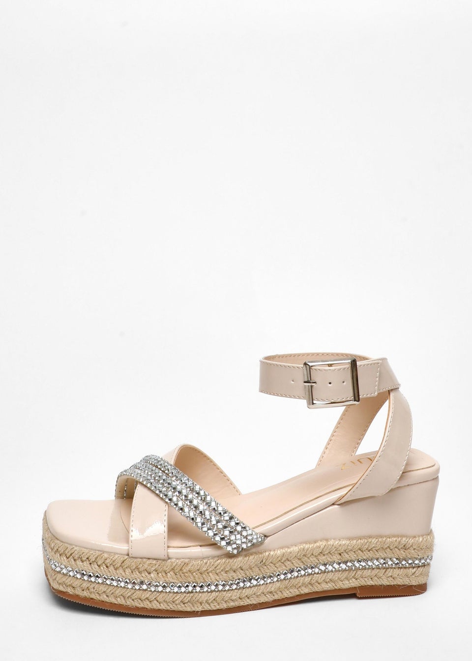 Quiz Natural Faux Leather Diamante Woven Wedges