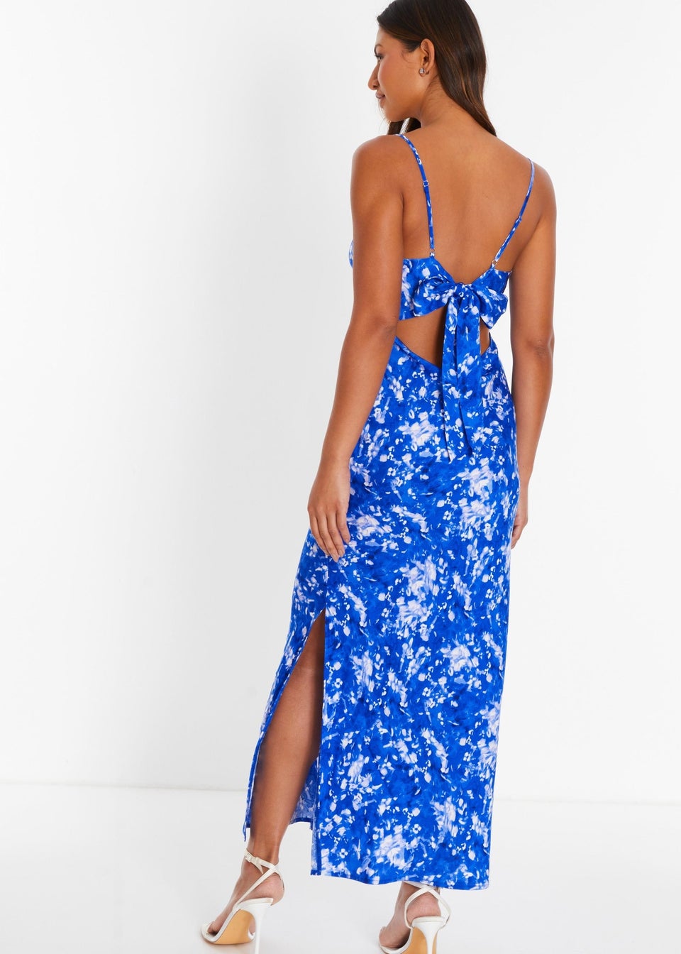 Quiz Blue Ditsy Floral Satin Midaxi Dress - Matalan