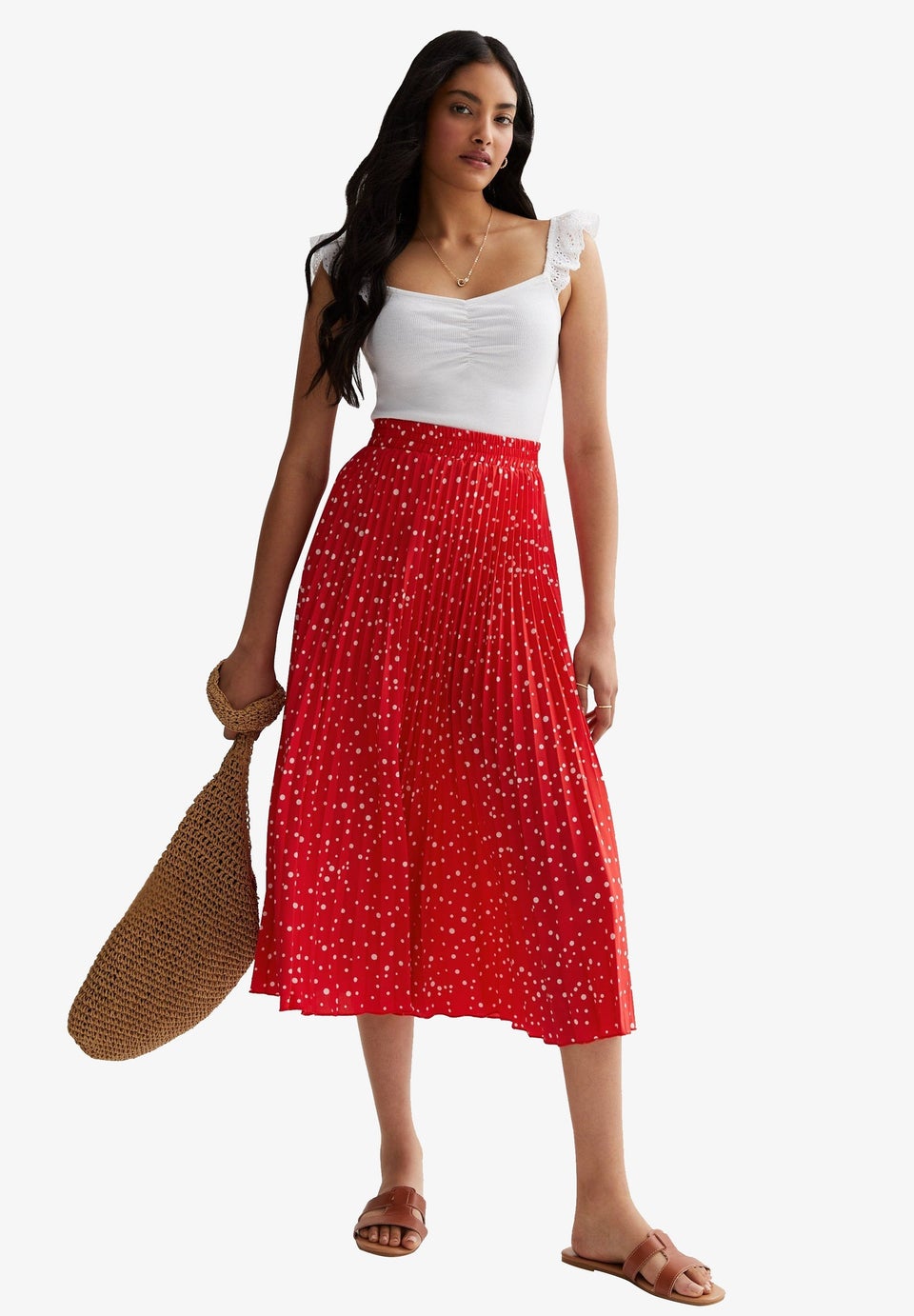 Gini London Red Polka Dot Pleated Midi Skirt Matalan