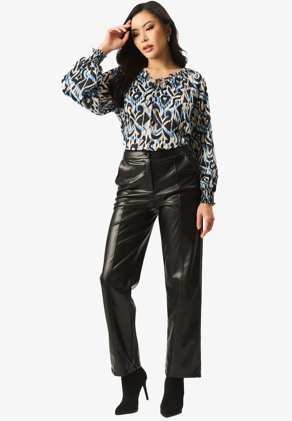 Gini London Blue Tie Neck Detail Long Sleeve Blouse
