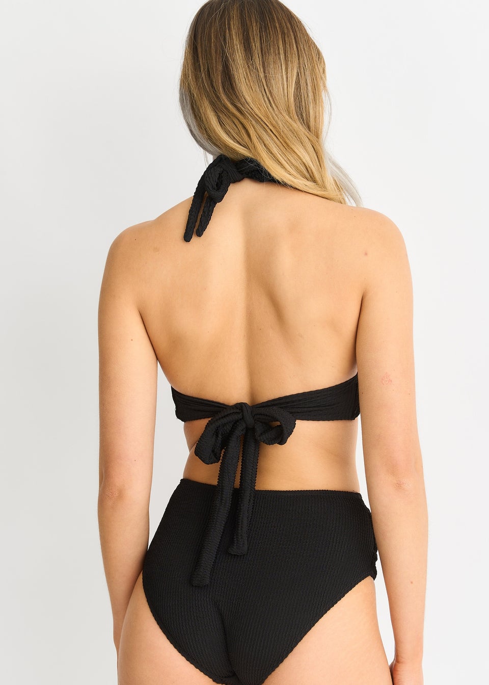 Gini London Black Textured Halter Bikini Top With Ring Belt Detail