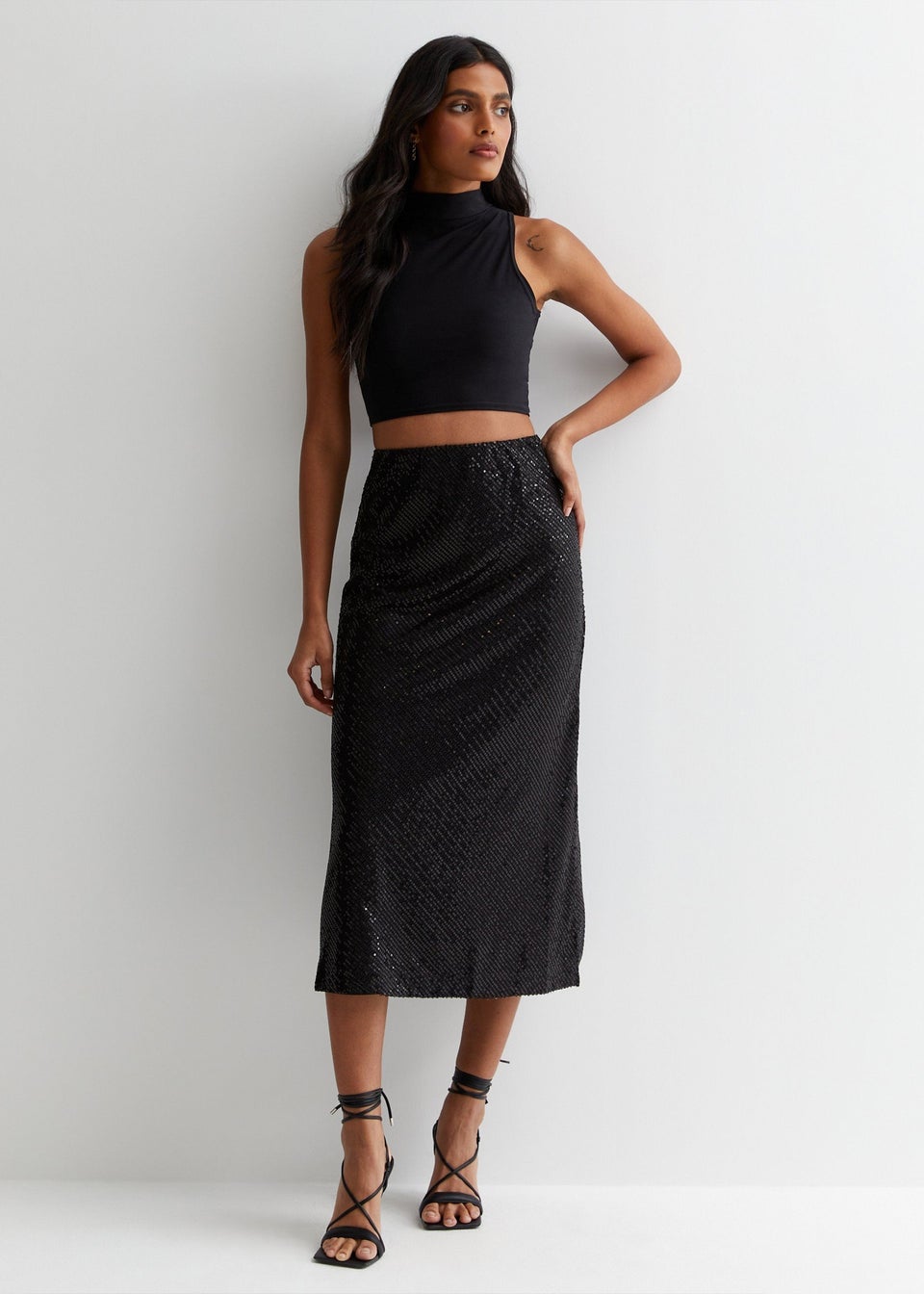 Gini London Black Sequin Bias Midi Skirt