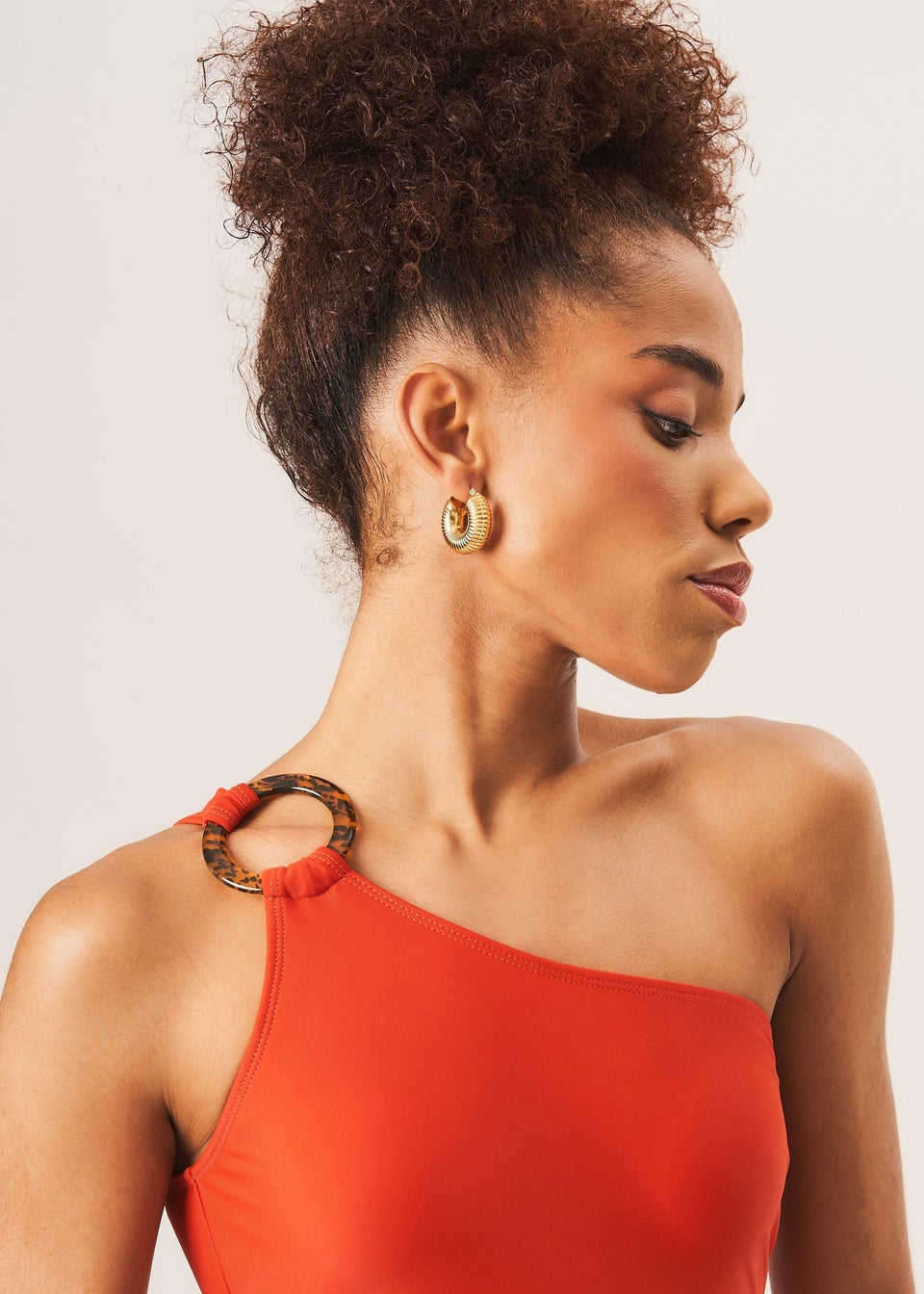 Gini London Rust One Shoulder Ring Detail Cutout Swimsuit