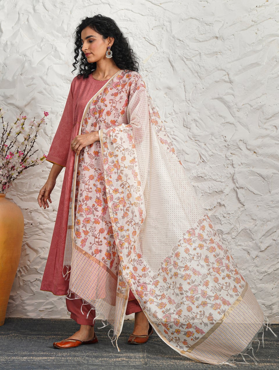 Women Pink Cotton Block Print Dupatta