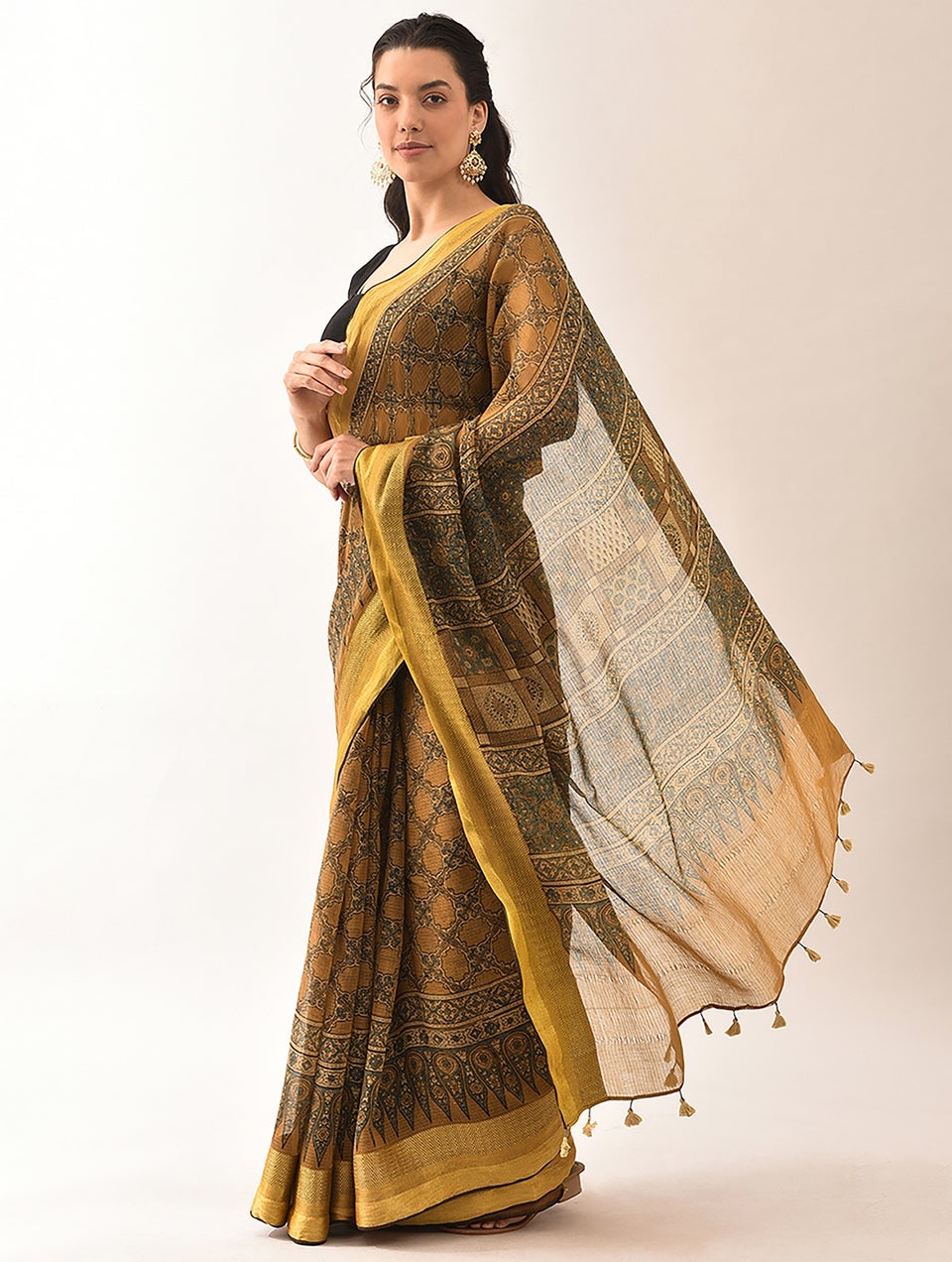 Women Yellow Ajrakh Kota Saree