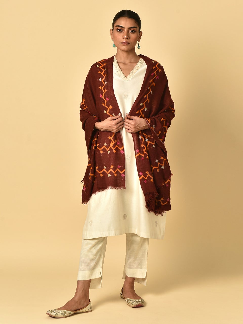 Asees Asees Women Maroon Red Wool Phulkari Shawl
