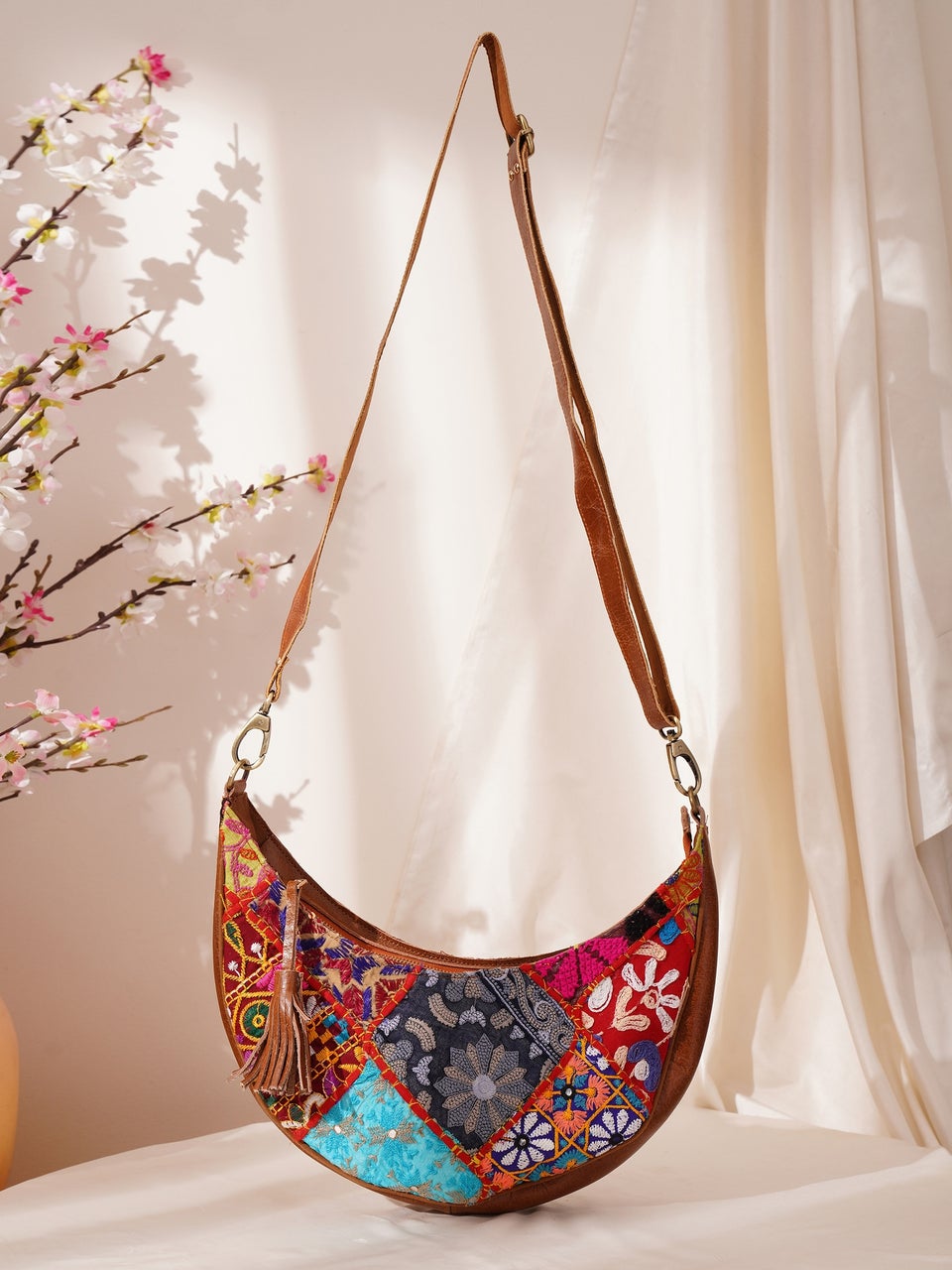 Women Multicolour Genuine Leather Rabari Cotton Sling Bag Jaypore US