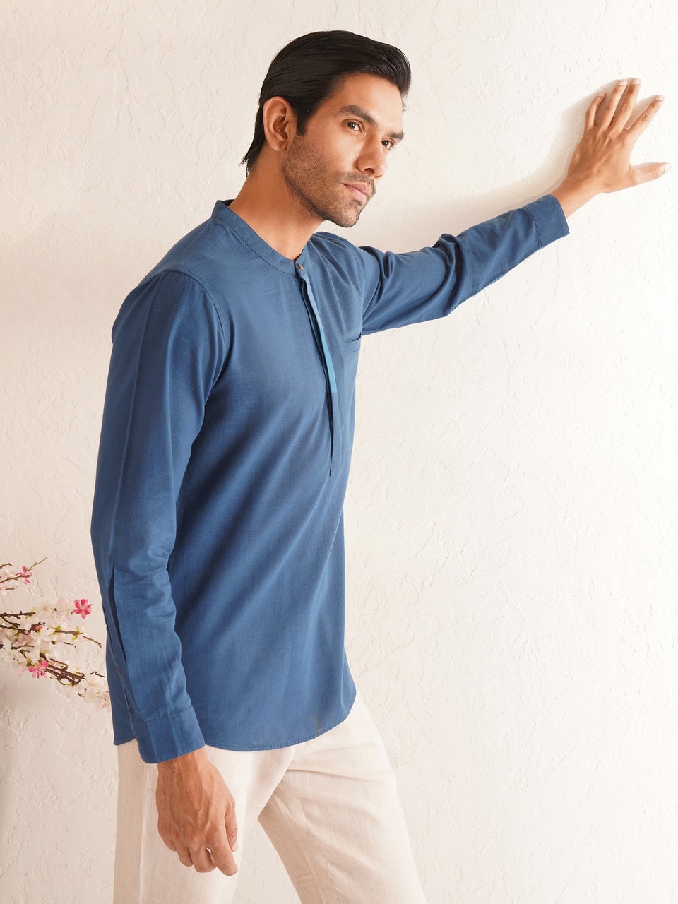 Men Blue Cotton Mandarin Collar Straight Fit Kurta - 38