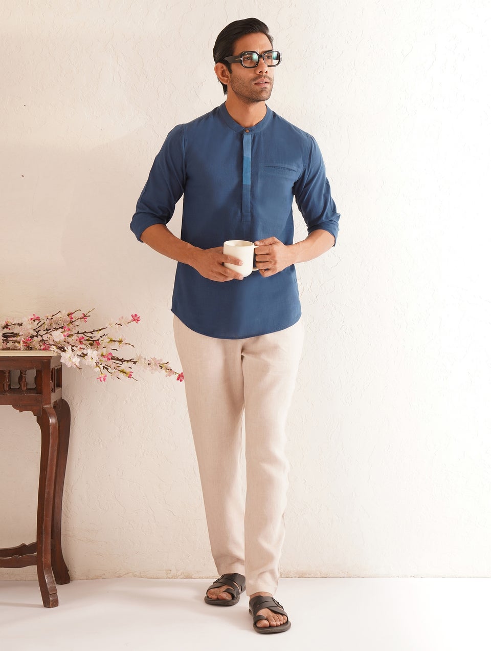 Men Blue Cotton Mandarin Collar Straight Fit Kurta - 38