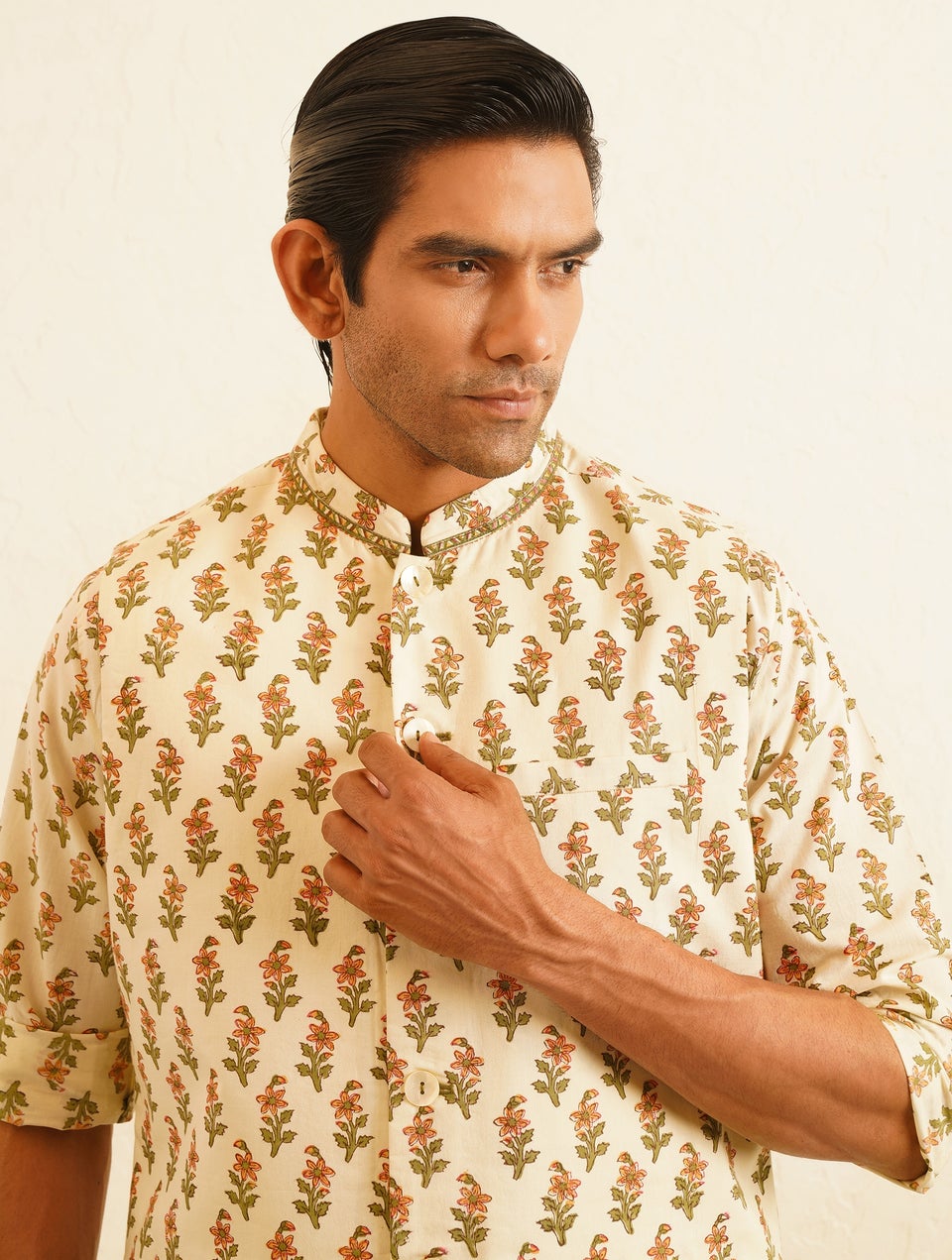 Men Multicolour Cotton Block Print Mandarin Collar Straight Kurta Set - 38