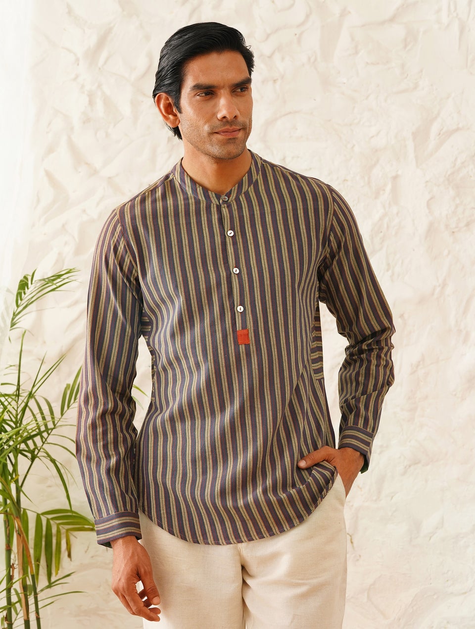 Men Multicolour Handloom Cotton Mandarin Collar Straight Fit Kurta - 38