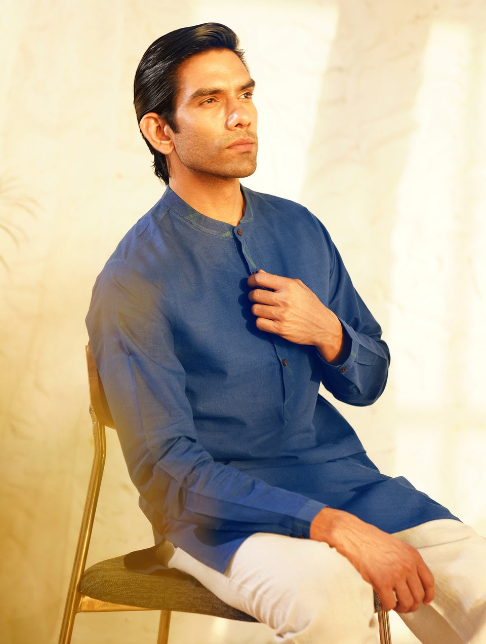 Men Blue Handloom Cotton Mandarin Collar Straight Fit Kurta - 38