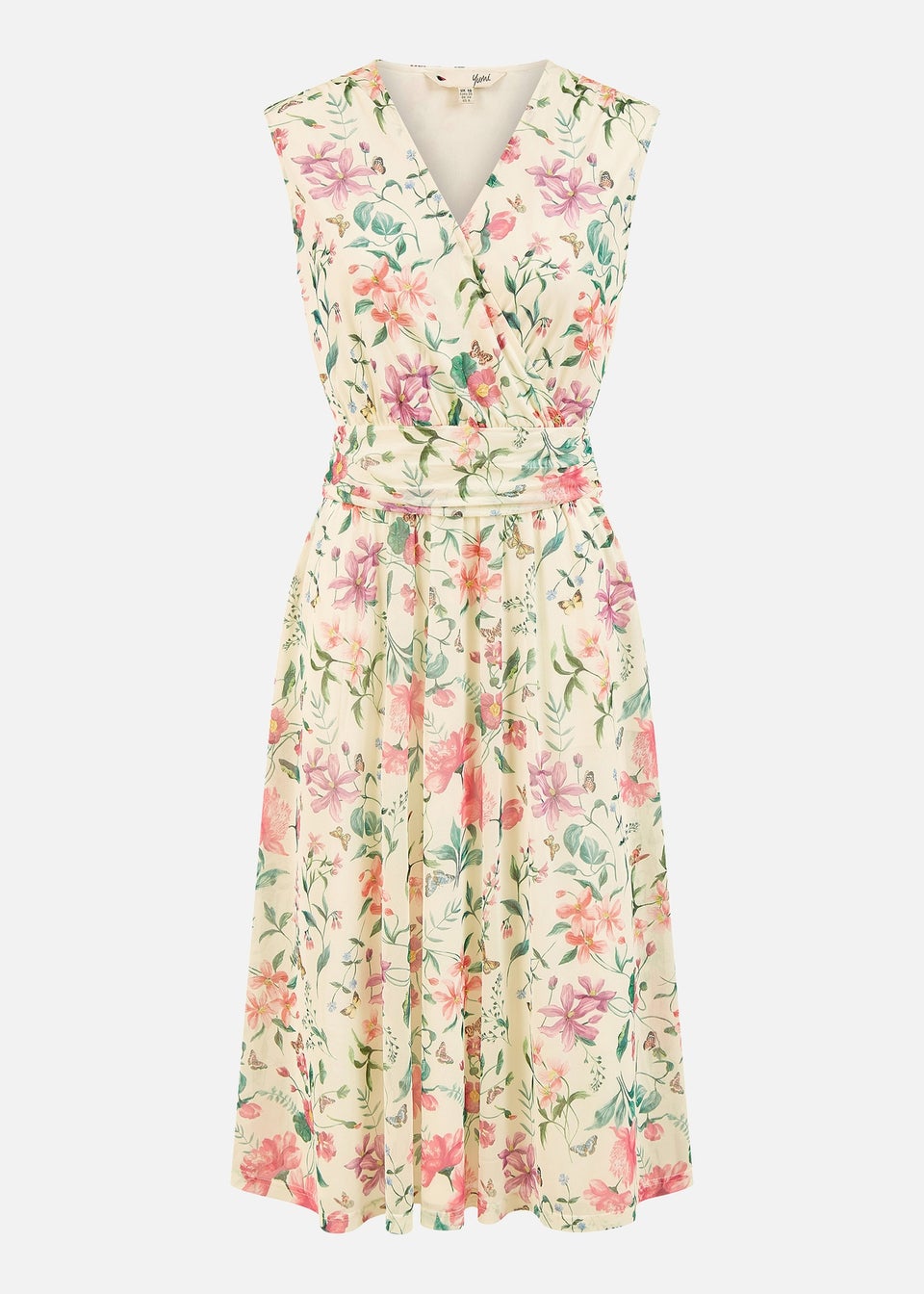 Yumi Ivory Floral Print Mesh Stretch Midi Dress With Pockets