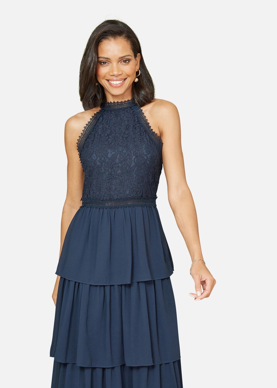 Yumi Navy Lace Halter Neck Midi Dress With Tiered Hem