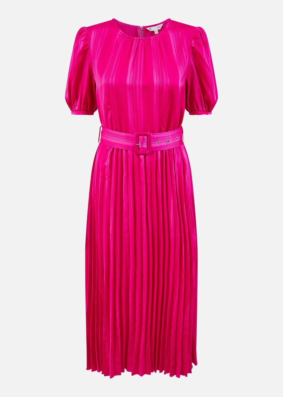 Yumi Pink Satin Striped Midi Dress With Pleats and Matching Belt
