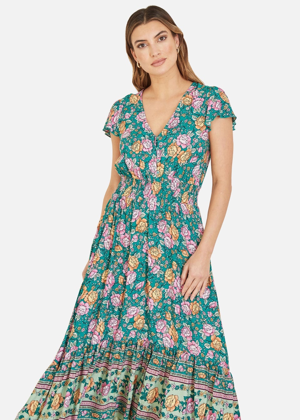 Yumi Green Festival Floral Print Ruched Waist Maxi Dress