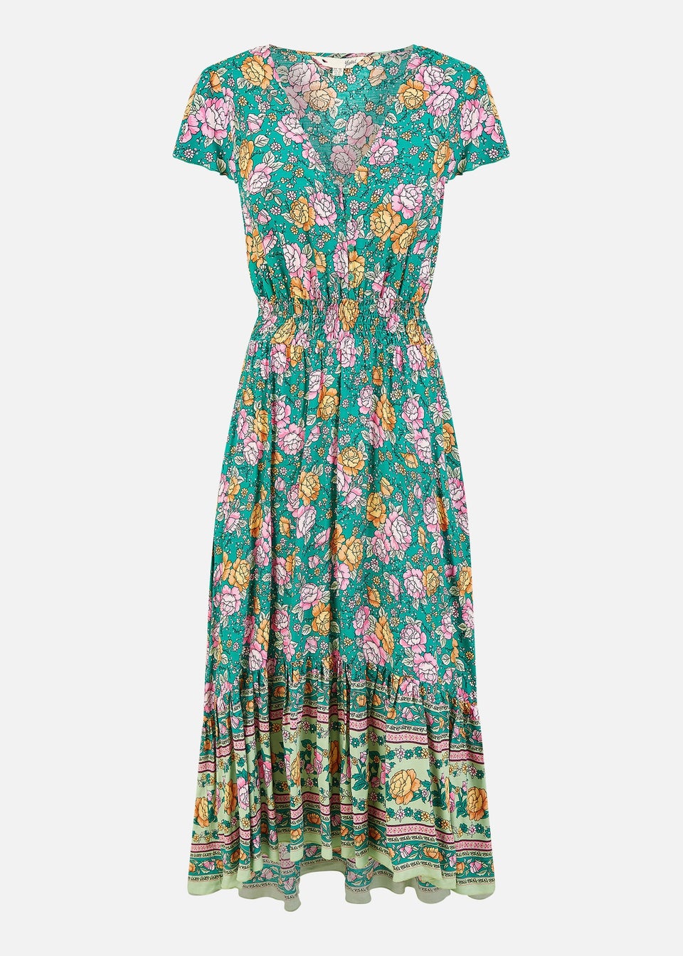 Yumi Green Festival Floral Print Ruched Waist Maxi Dress