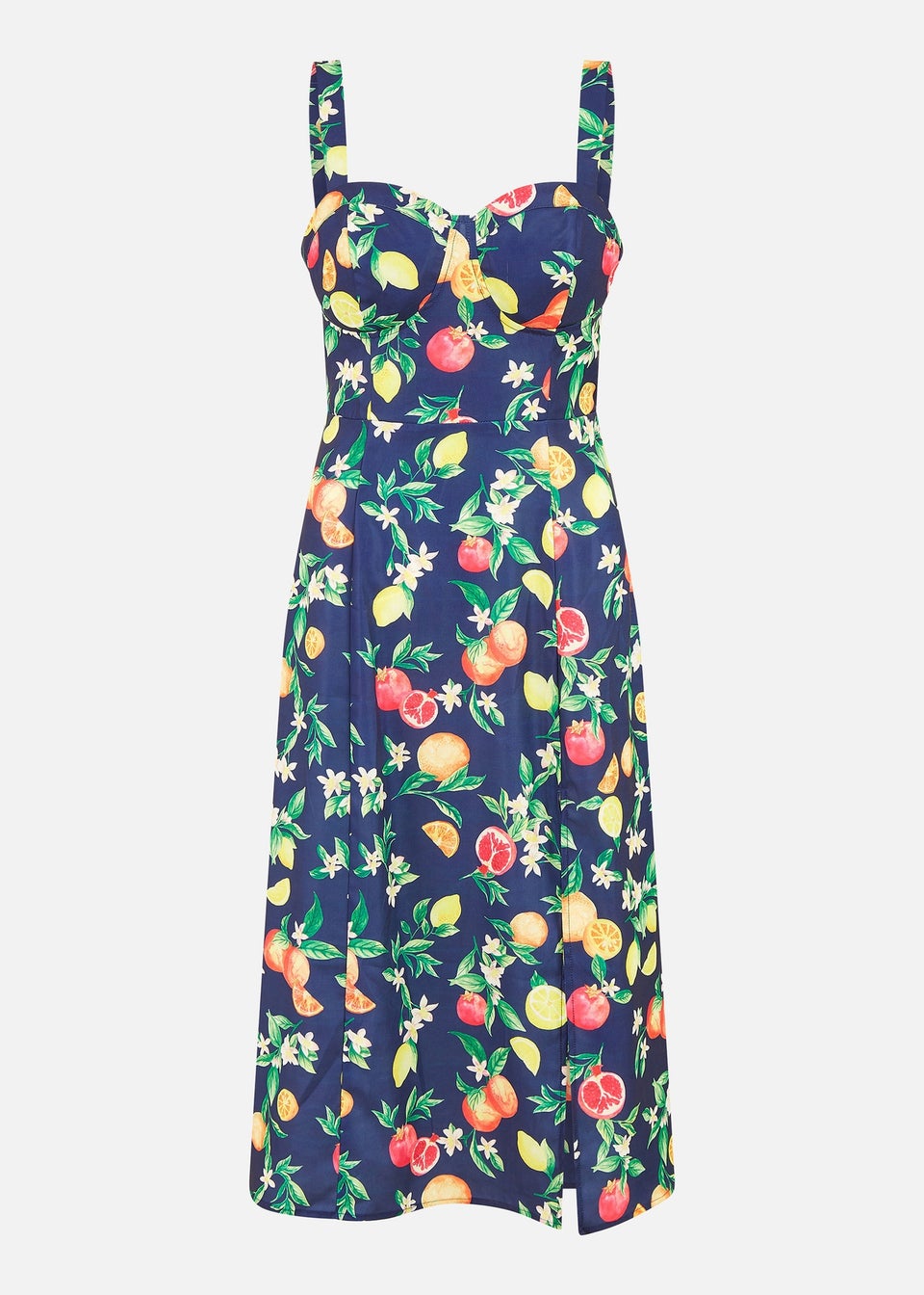 Yumi Navy Fruit Print Strappy Sundress With Front Split
