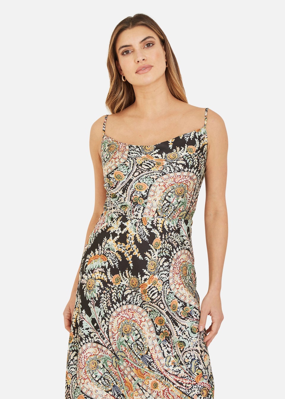 Yumi Black Paisley Print Cowl Satin Slip Midi Dress