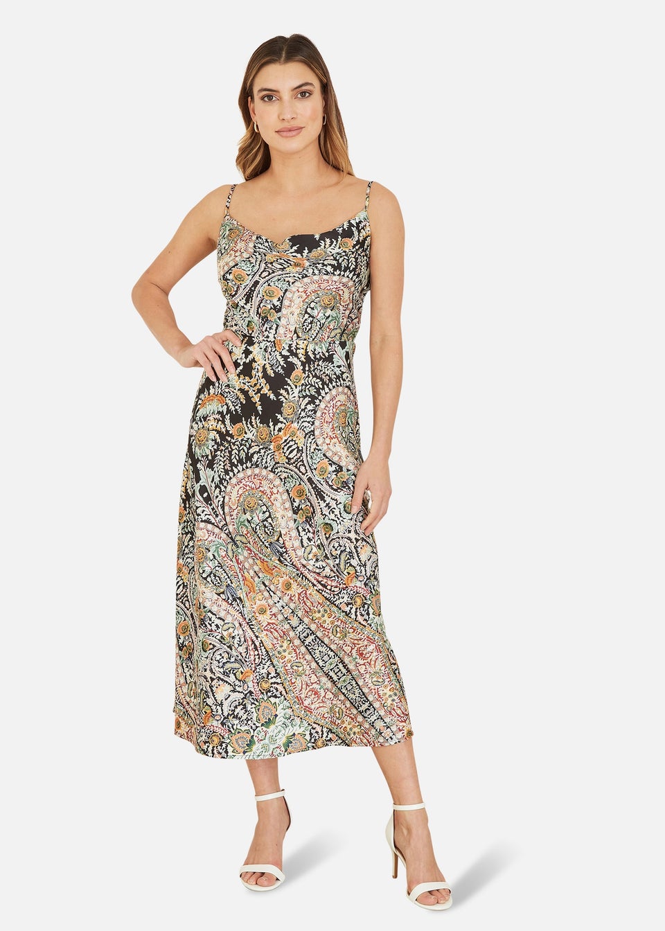 Yumi Black Paisley Print Cowl Satin Slip Midi Dress