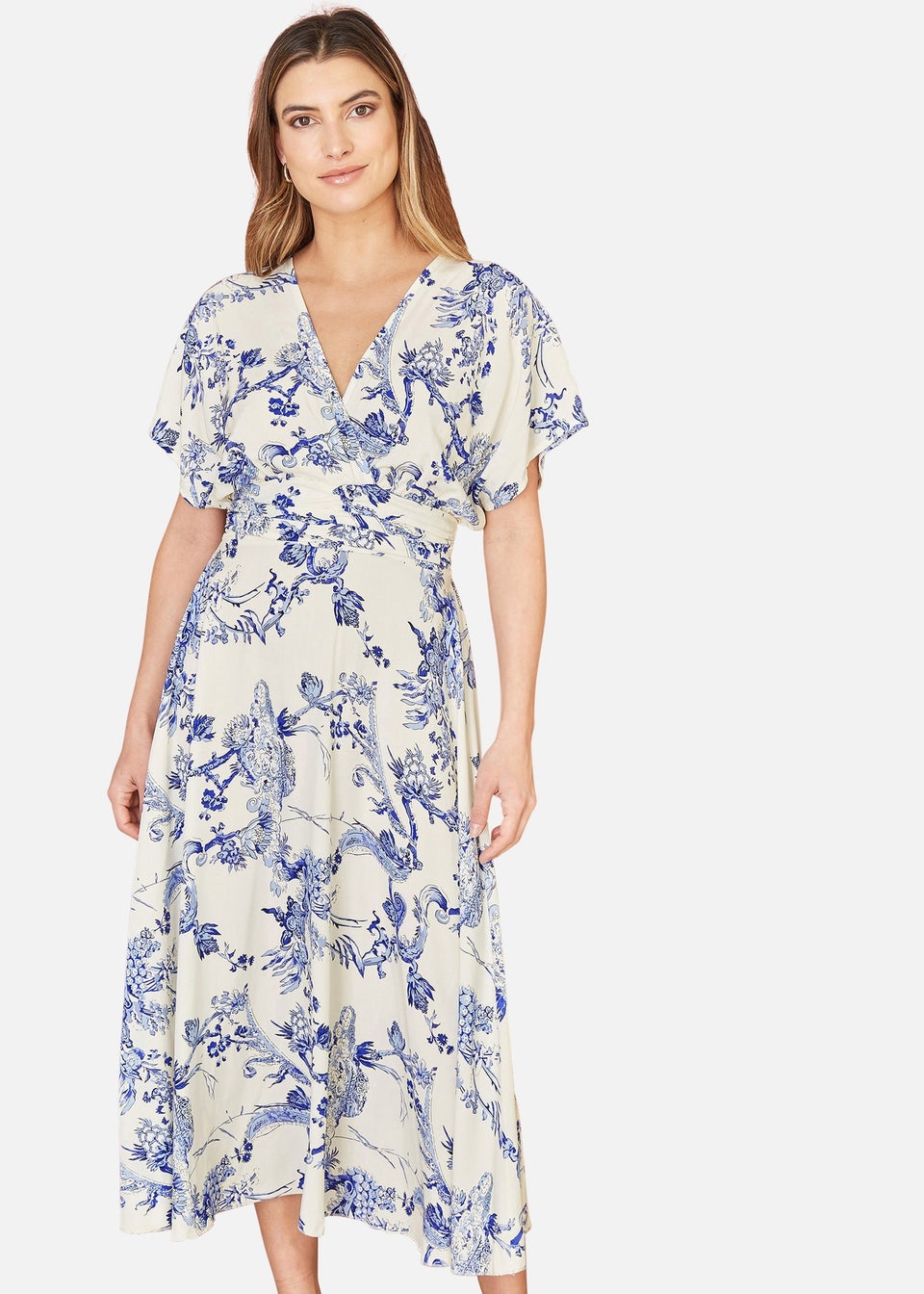 Yumi Blue And White Print Ruched Waist Kimono Midi Dress