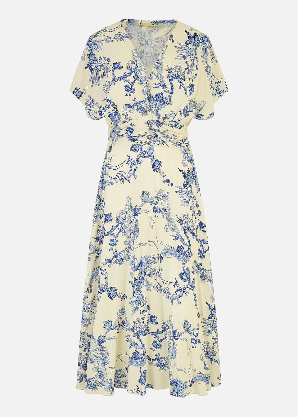 Yumi Blue And White Print Ruched Waist Kimono Midi Dress