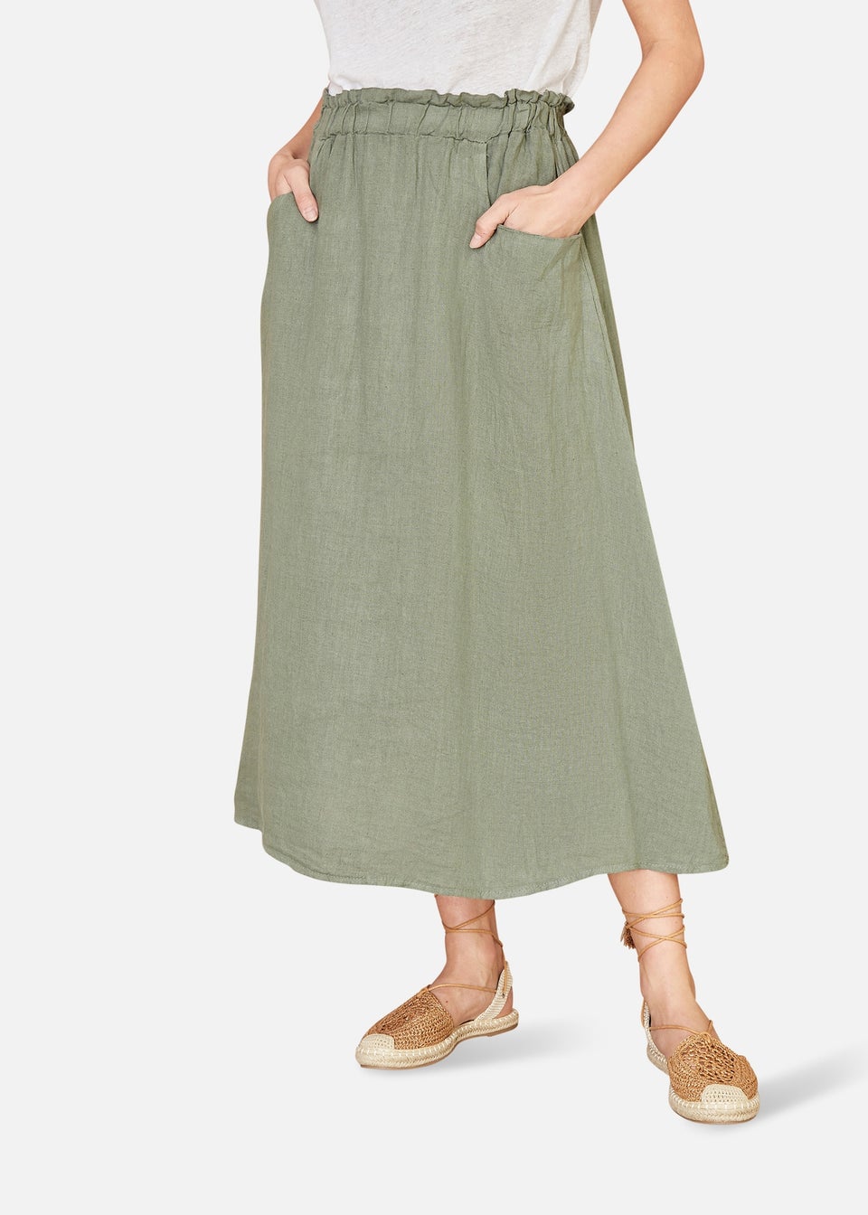 Yumi Khaki Italian Linen Midi Skirt With Pockets