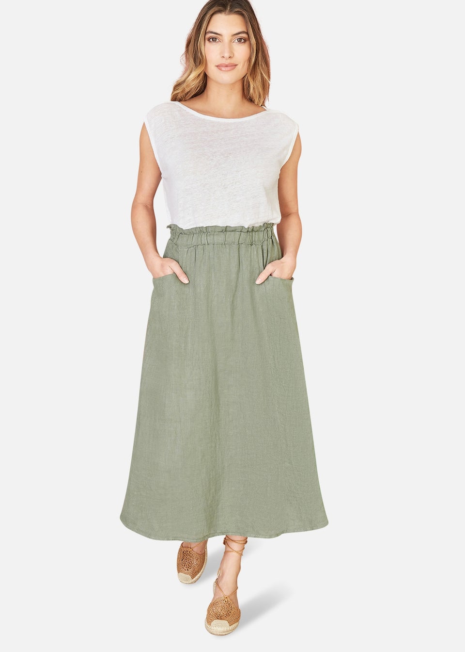 Yumi Khaki Italian Linen Midi Skirt With Pockets Matalan