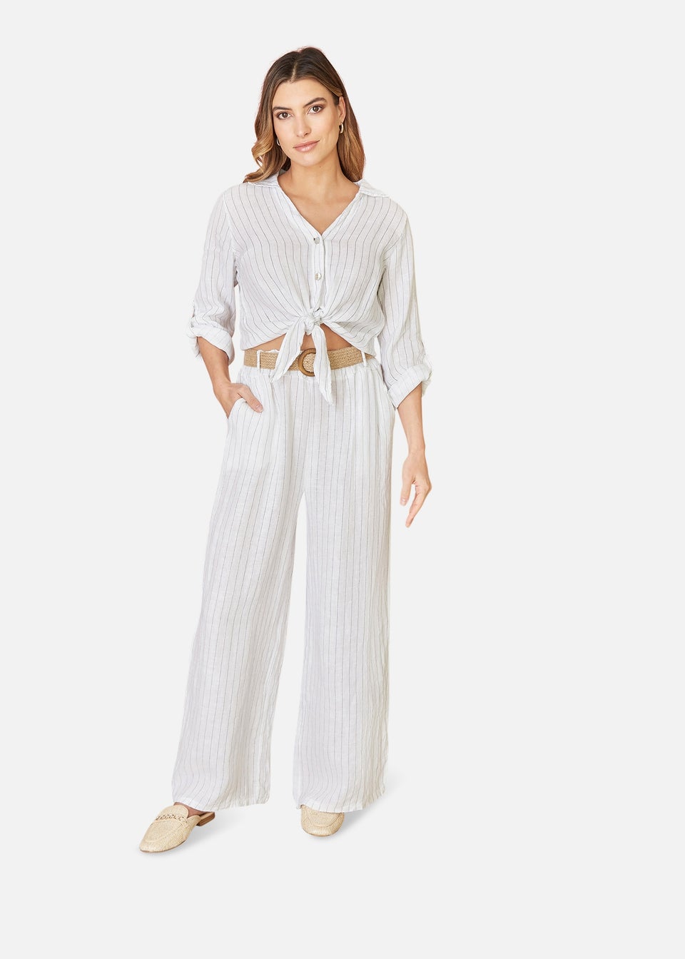 Yumi White Striped Italian Linen Wide Leg Trousers With Belt