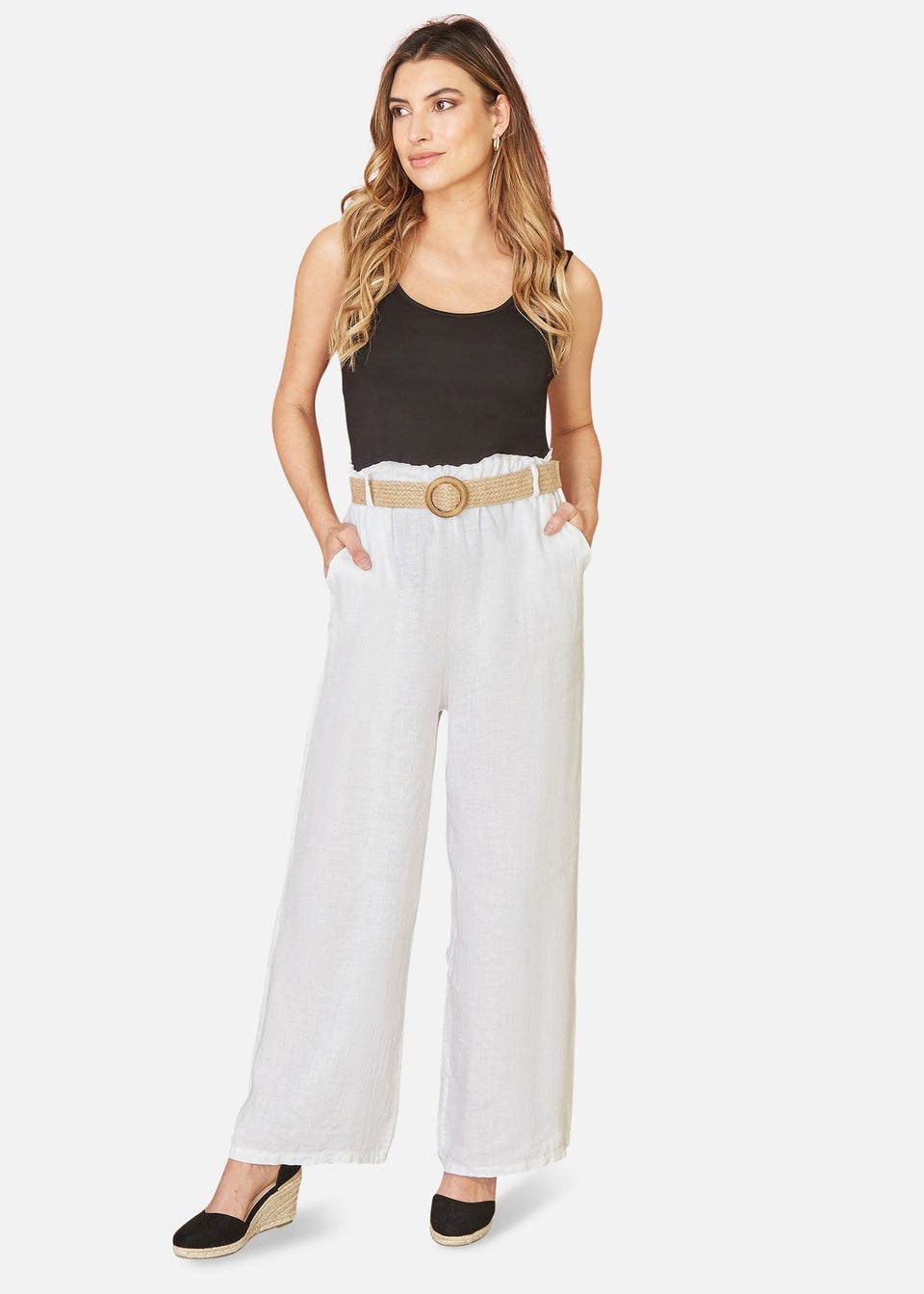 Yumi White Italian Linen Wide Leg Trousers With Belt Matalan