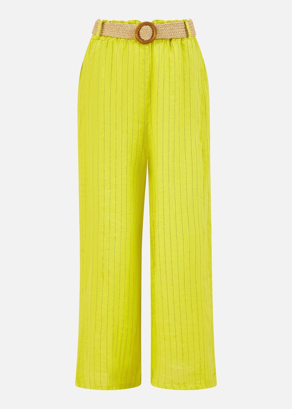 Yumi Lime Striped Italian Linen Wide Leg Trousers With Belt