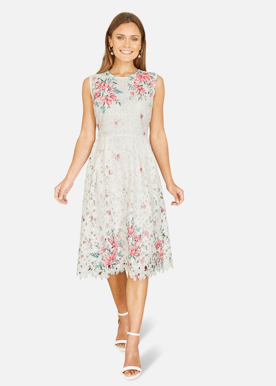 Yumi White And Pink Floral Border Lace Dress - Matalan