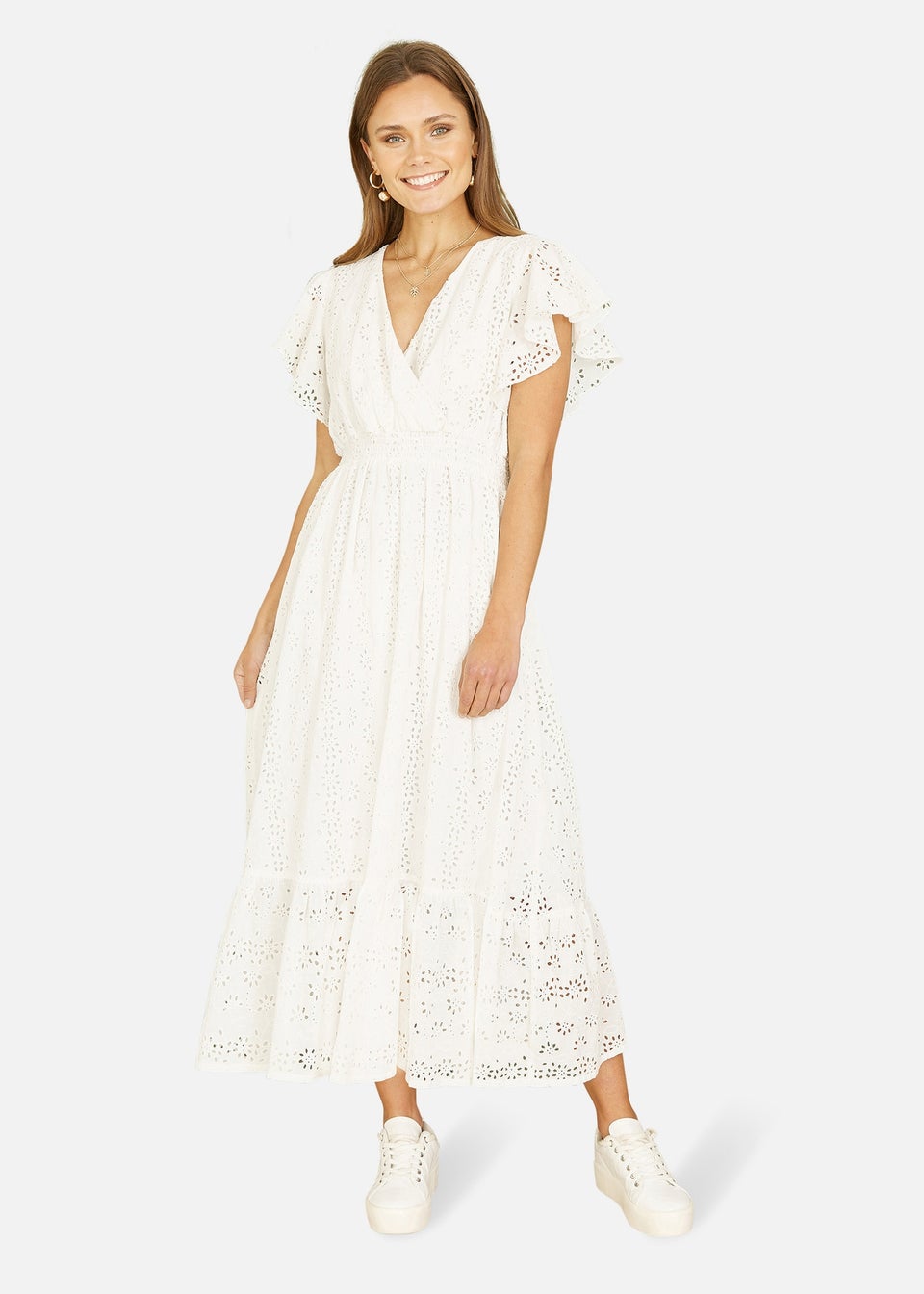 Yumi White Cotton Broderie Anglaise Wrap Midi Dress