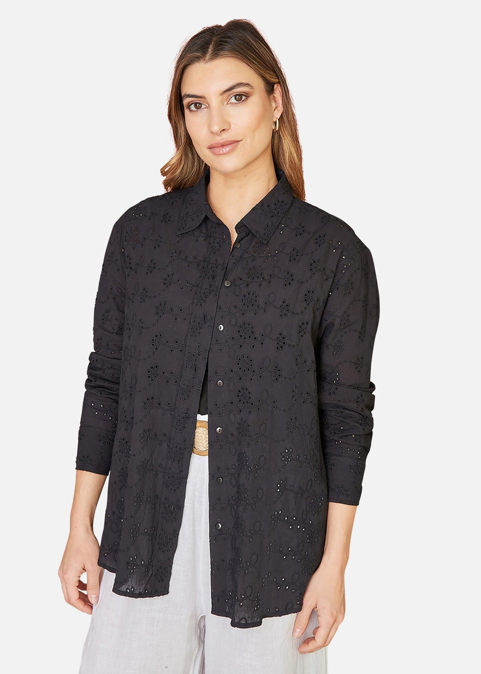 Yumi Black Cotton Broderie Anglaise Relaxed Shirt