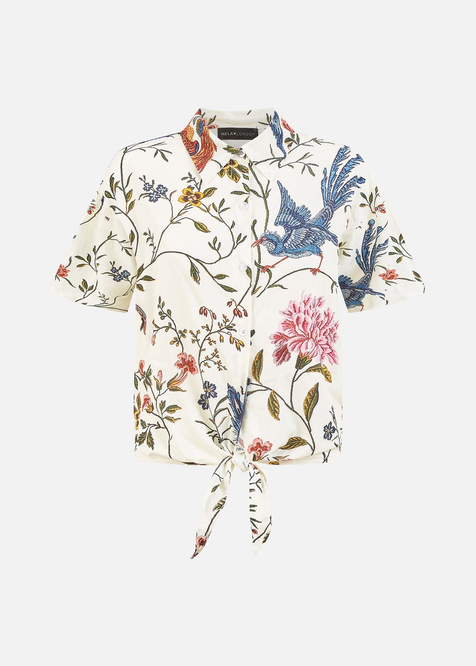 Yumi White Viscose Bird And Floral Print Tie Front Shirt