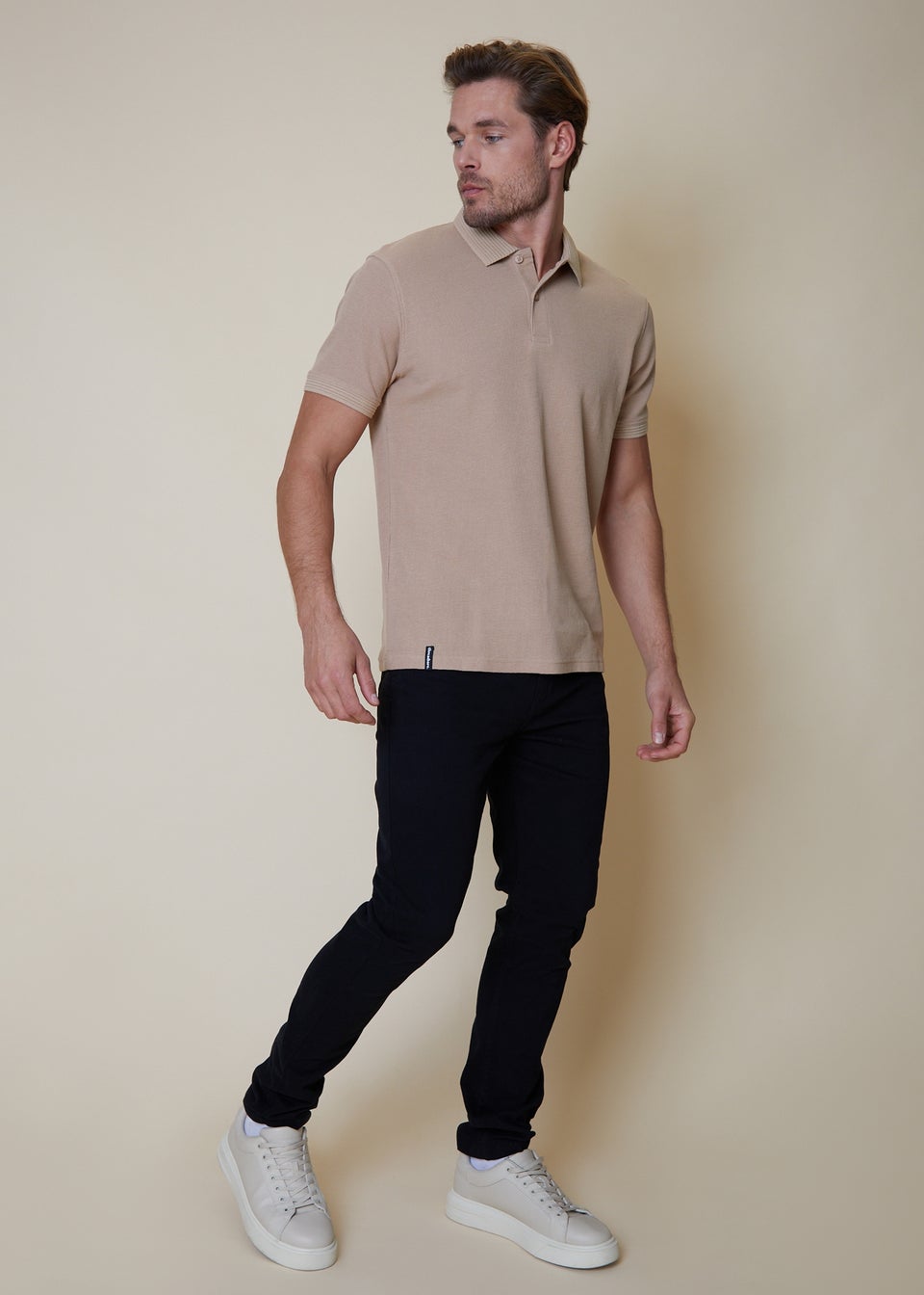 Threadbare Stone Waffle Cotton Jersey Polo Shirt
