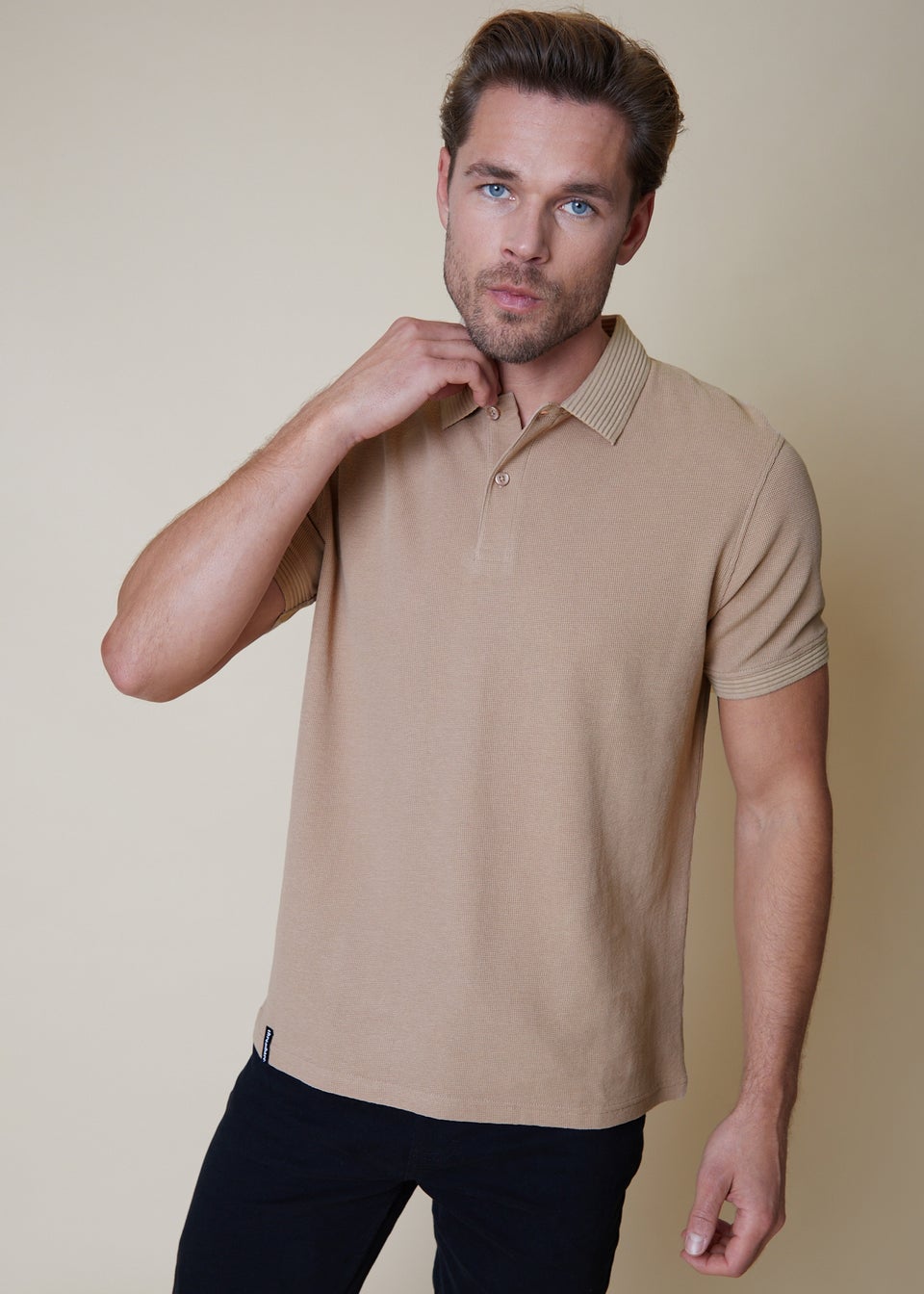 Threadbare Stone Waffle Cotton Jersey Polo Shirt