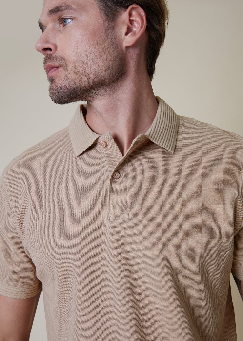 Threadbare Stone Waffle Cotton Jersey Polo Shirt