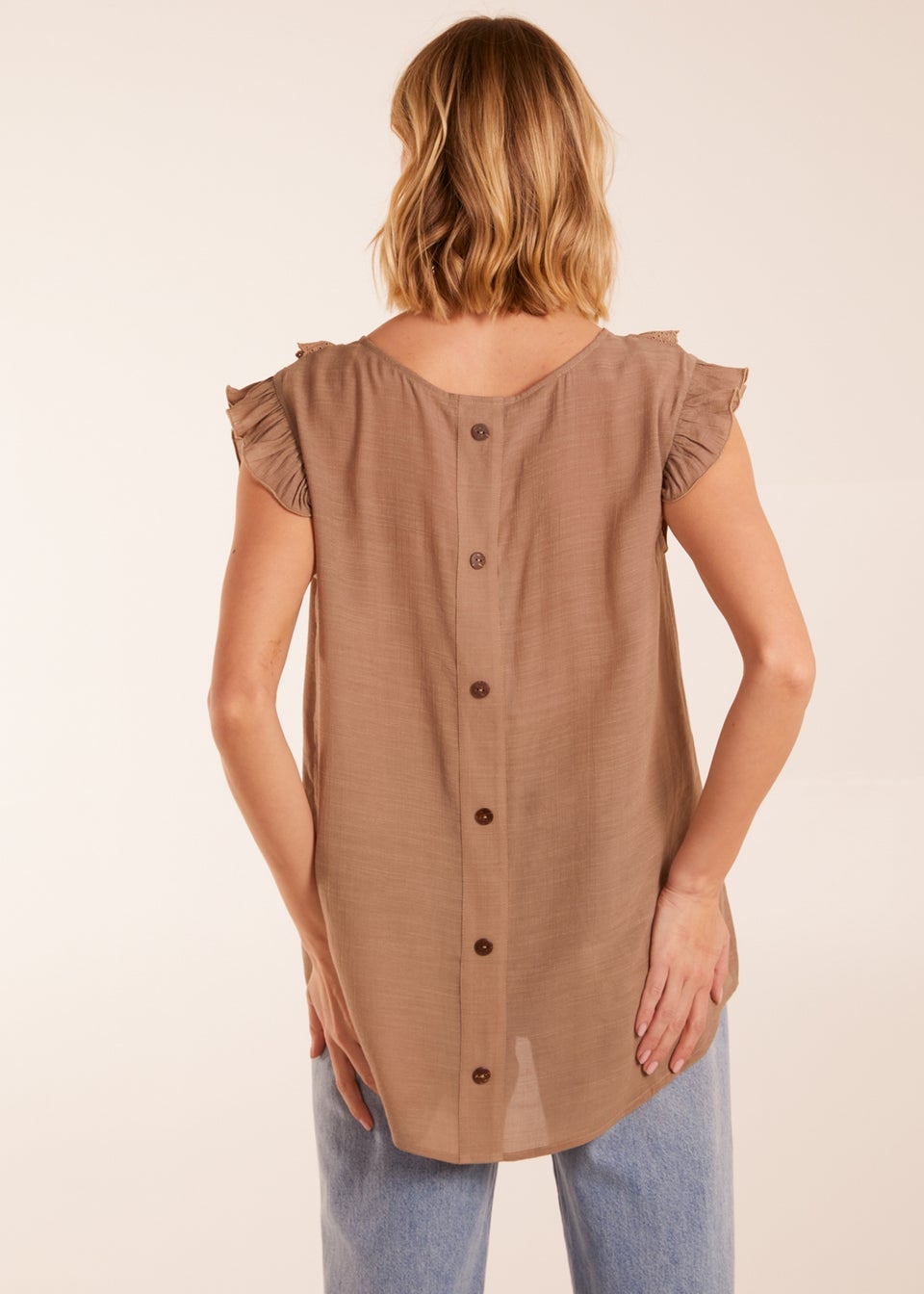 Blue Vanilla Brown Button Back Frill Top
