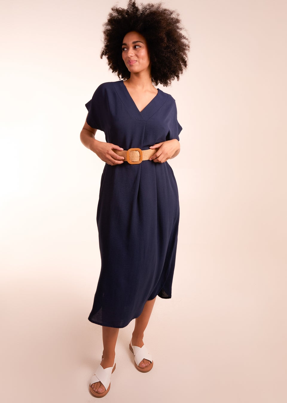 Blue Vanilla Navy Belted V neck Midi Dress